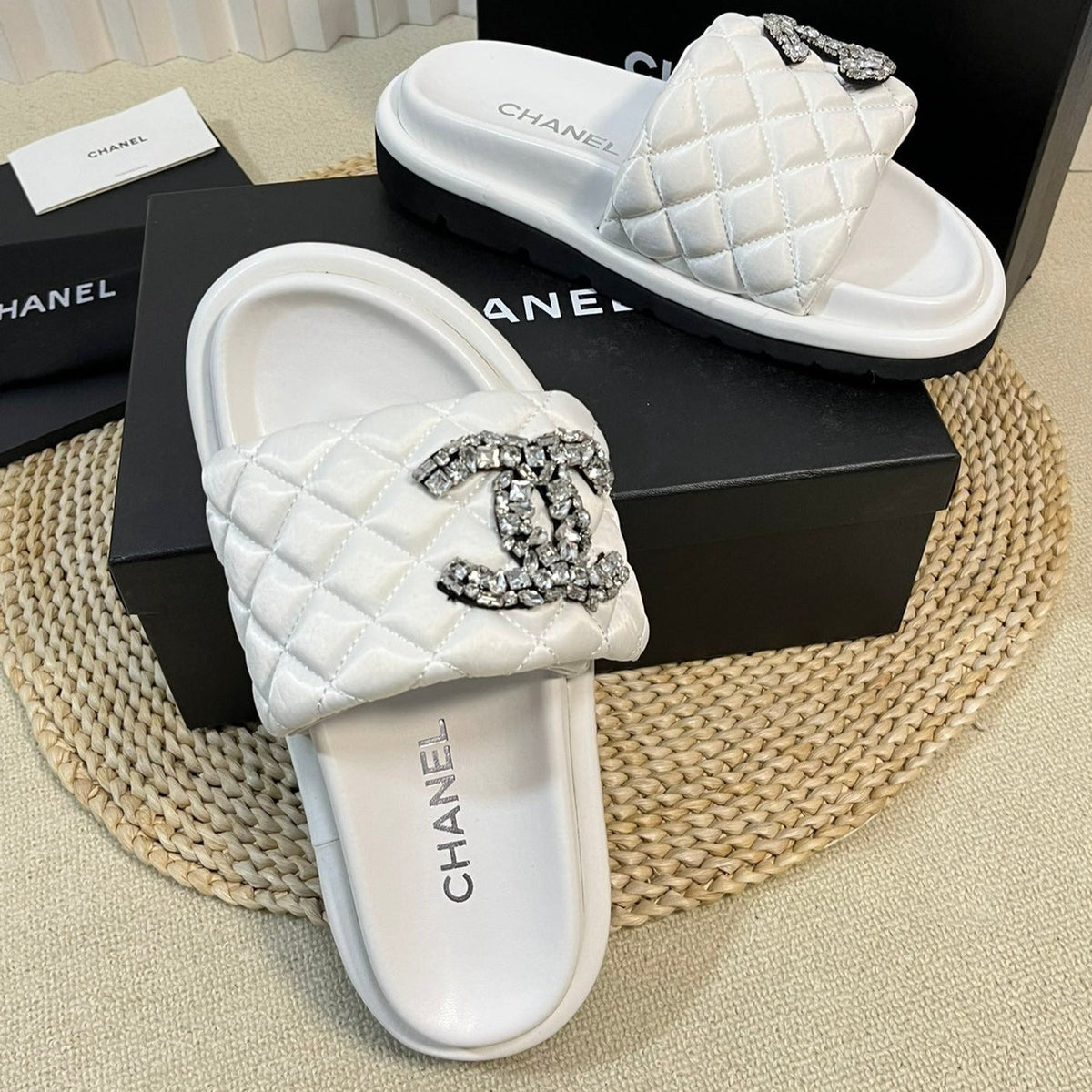 Chanel New Style Diamond Buckle Double C Thick Bottom Slippers White Sheepskin