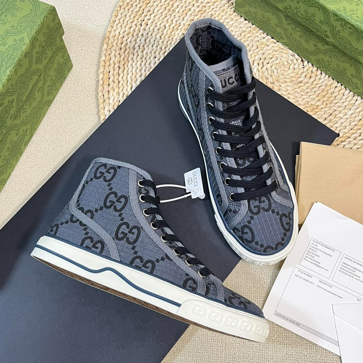 Gucci Tennis 1977 High Top Sneaker Black Grey Caro