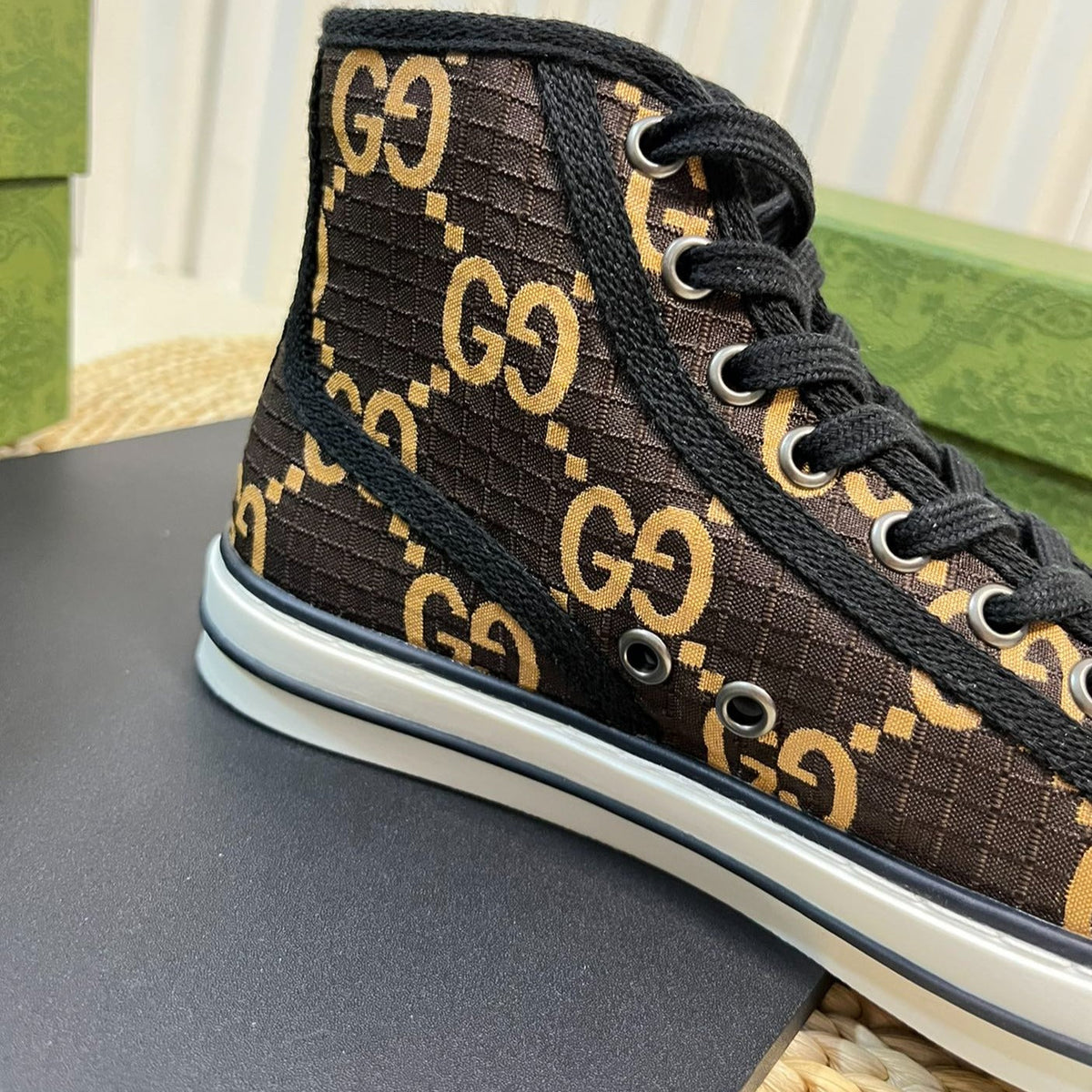 Gucci Tennis 1977 High Top Sneaker Black Brown Caro