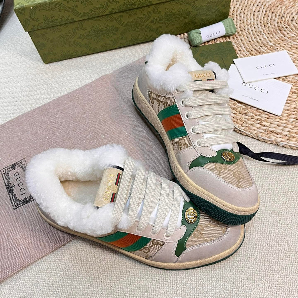 Gucci Sneaker with Web in Beige Green Fabric Mix Suede and Lamb Wool Lining