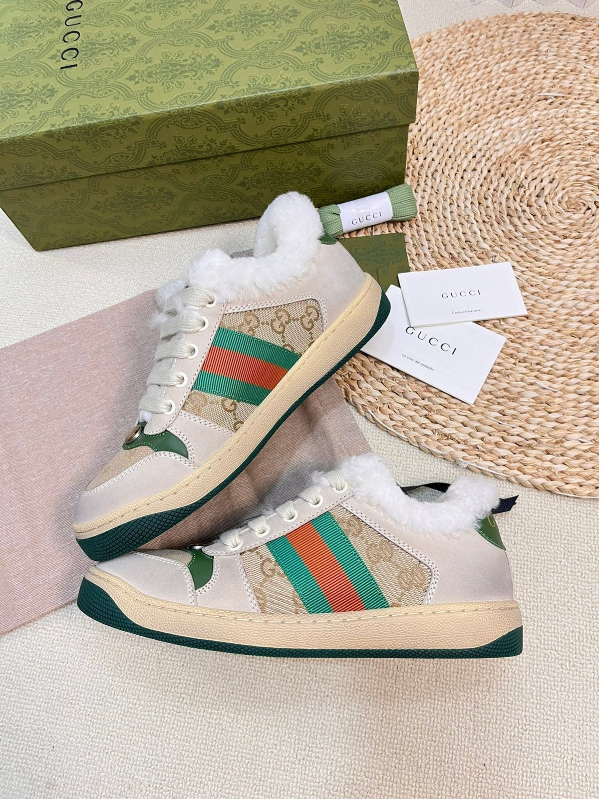 Gucci Sneaker with Web in Beige Green Fabric Mix Suede and Lamb Wool Lining