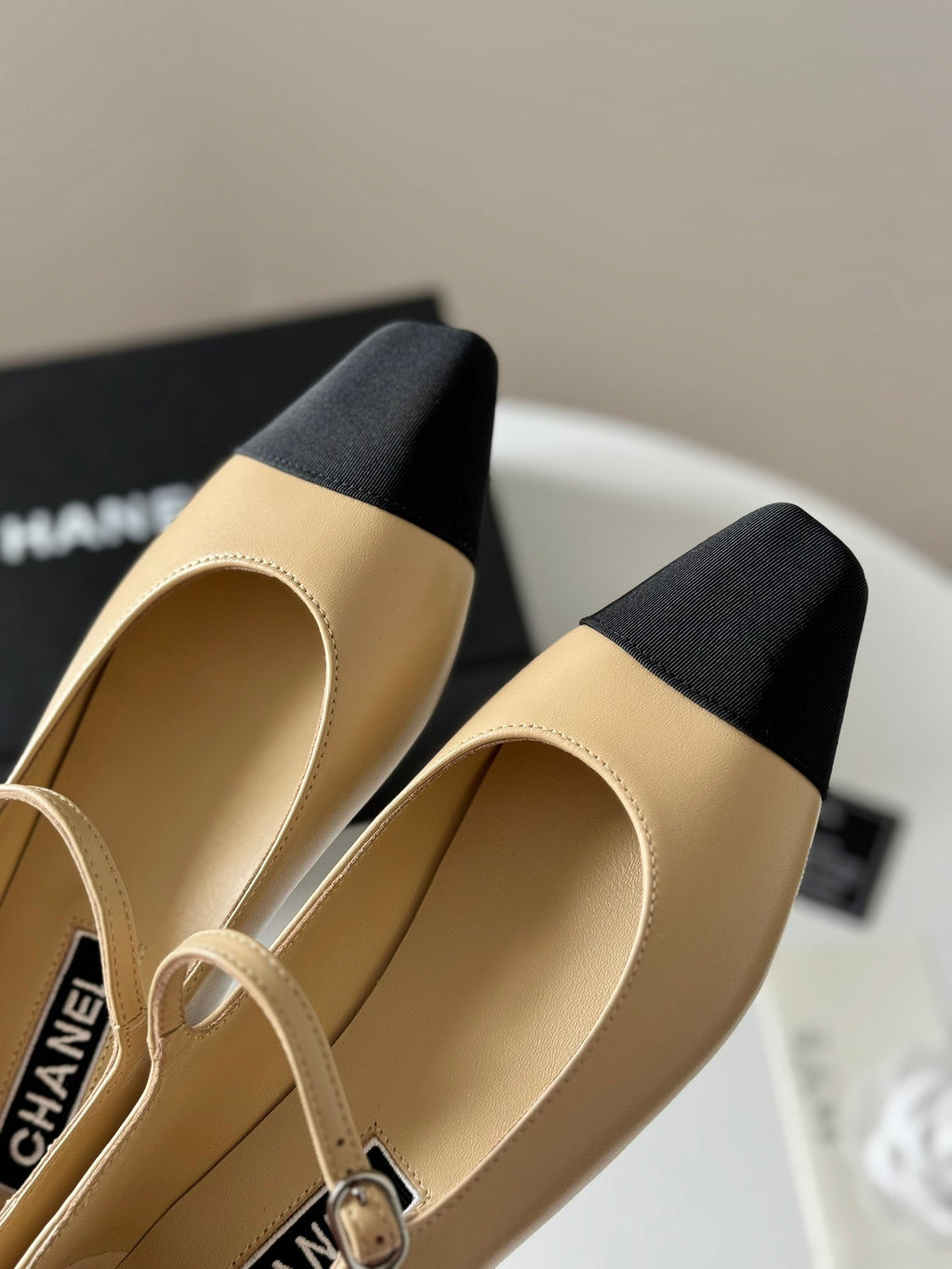 Chanel Mary Jane Beige Cream Mix Black Calfskin