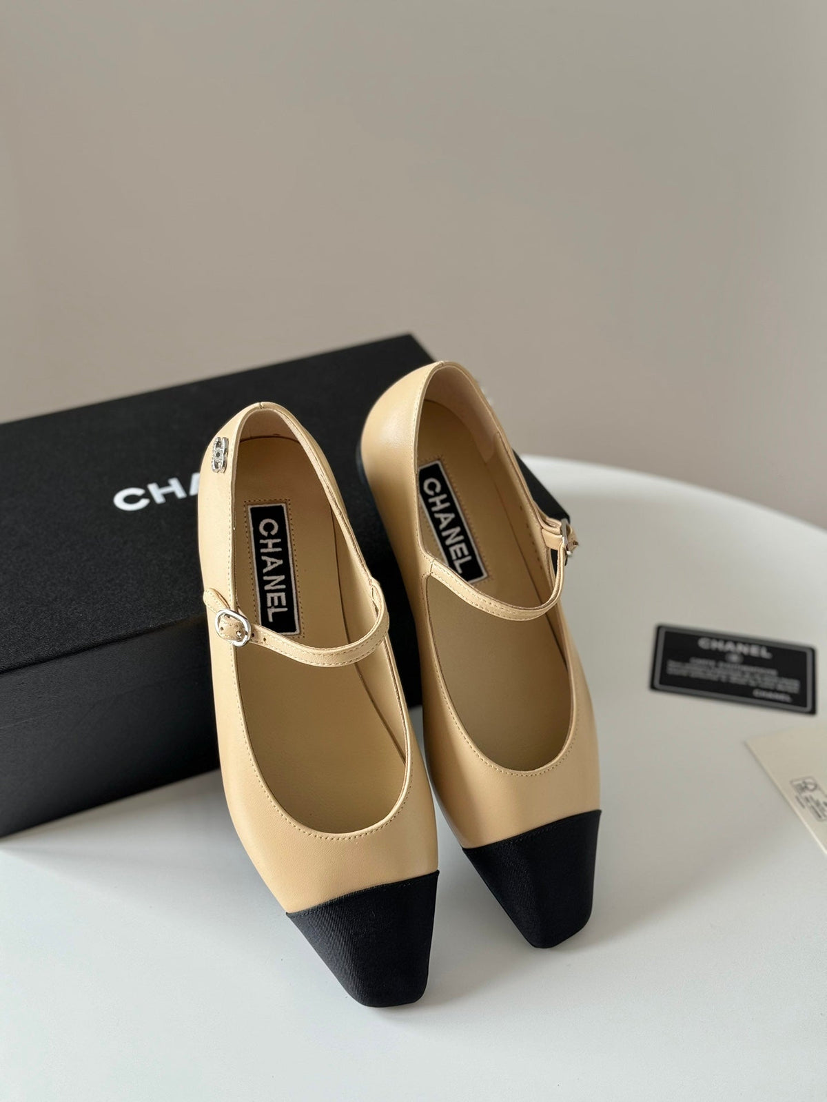 Chanel Mary Jane Beige Cream Mix Black Calfskin