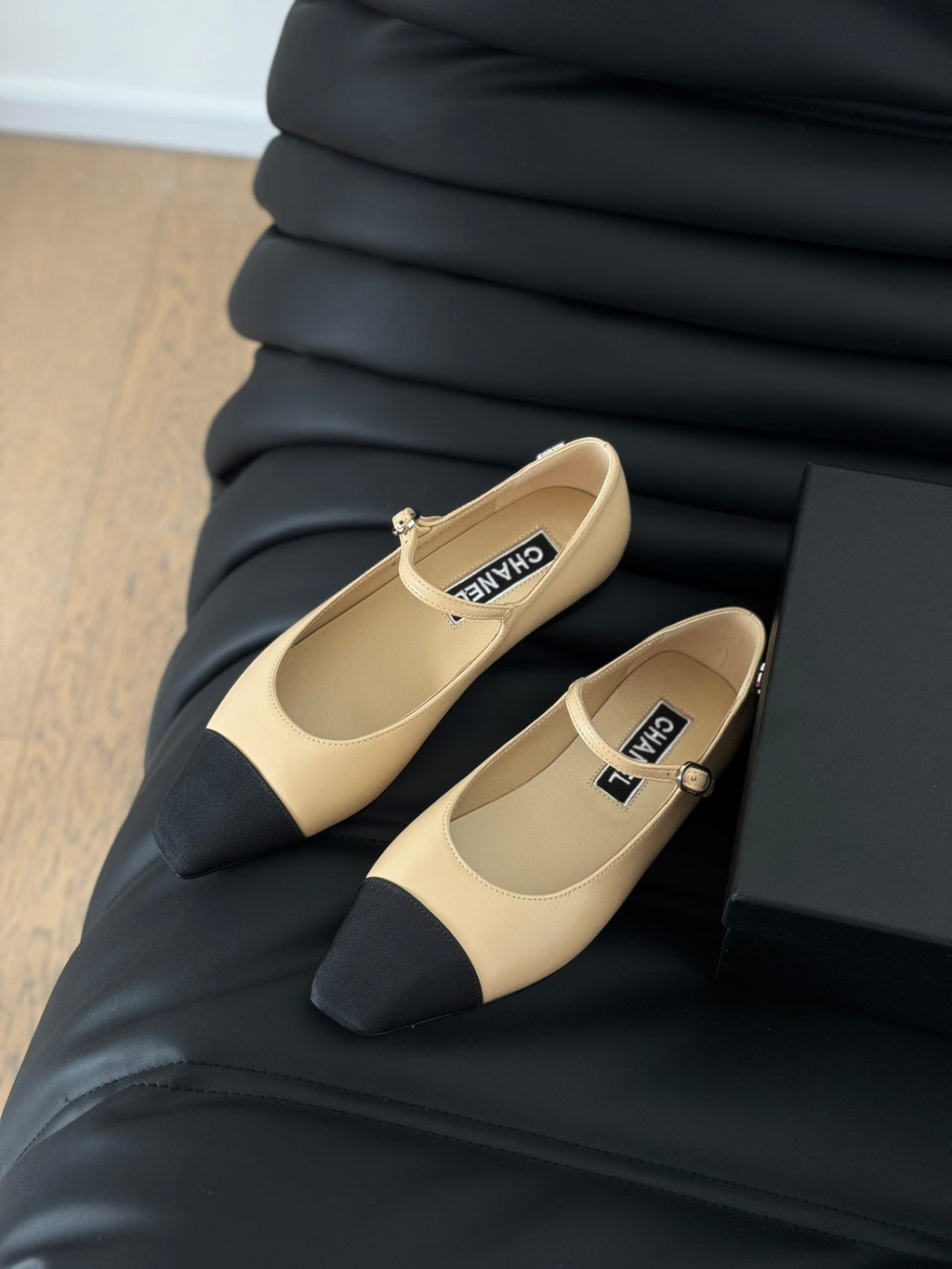 Chanel Mary Jane Beige Cream Mix Black Calfskin