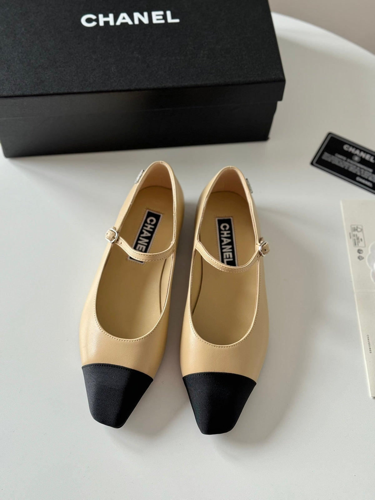 Chanel Mary Jane Beige Cream Mix Black Calfskin