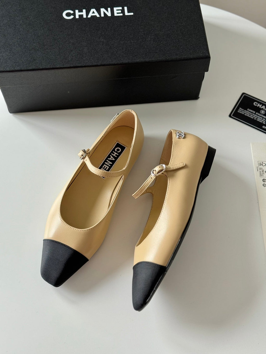 Chanel Mary Jane Beige Cream Mix Black Calfskin