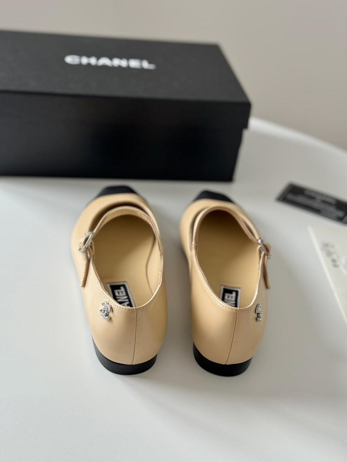 Chanel Mary Jane Beige Cream Mix Black Calfskin