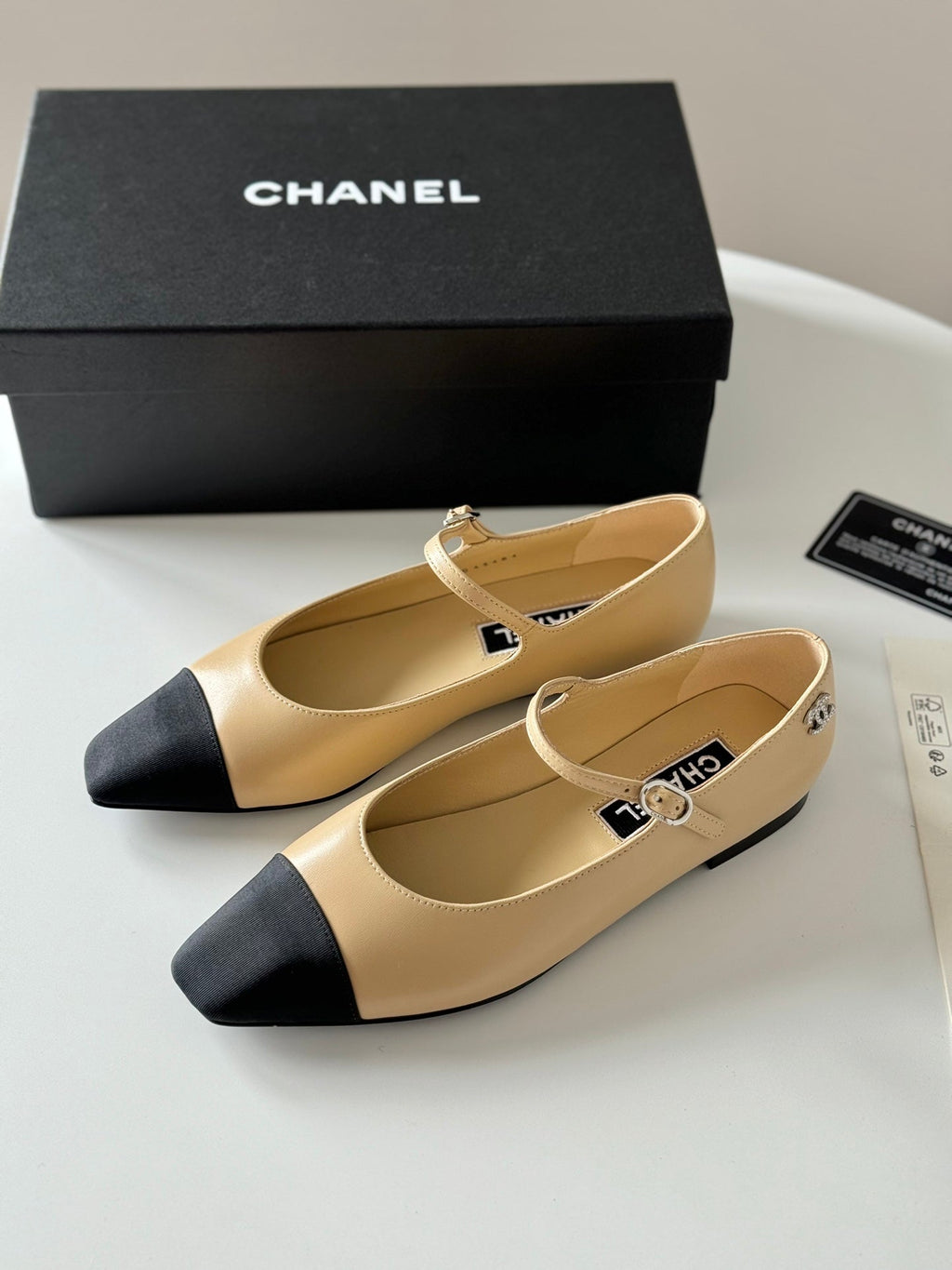 Chanel Mary Jane Beige Cream Mix Black Calfskin