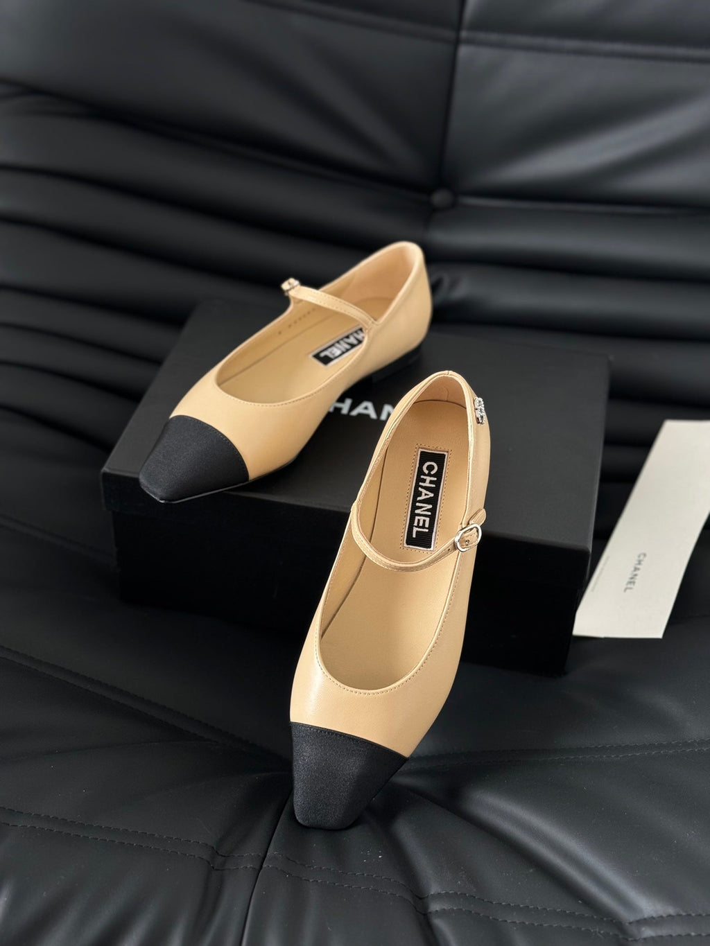 Chanel Mary Jane Beige Cream Mix Black Calfskin