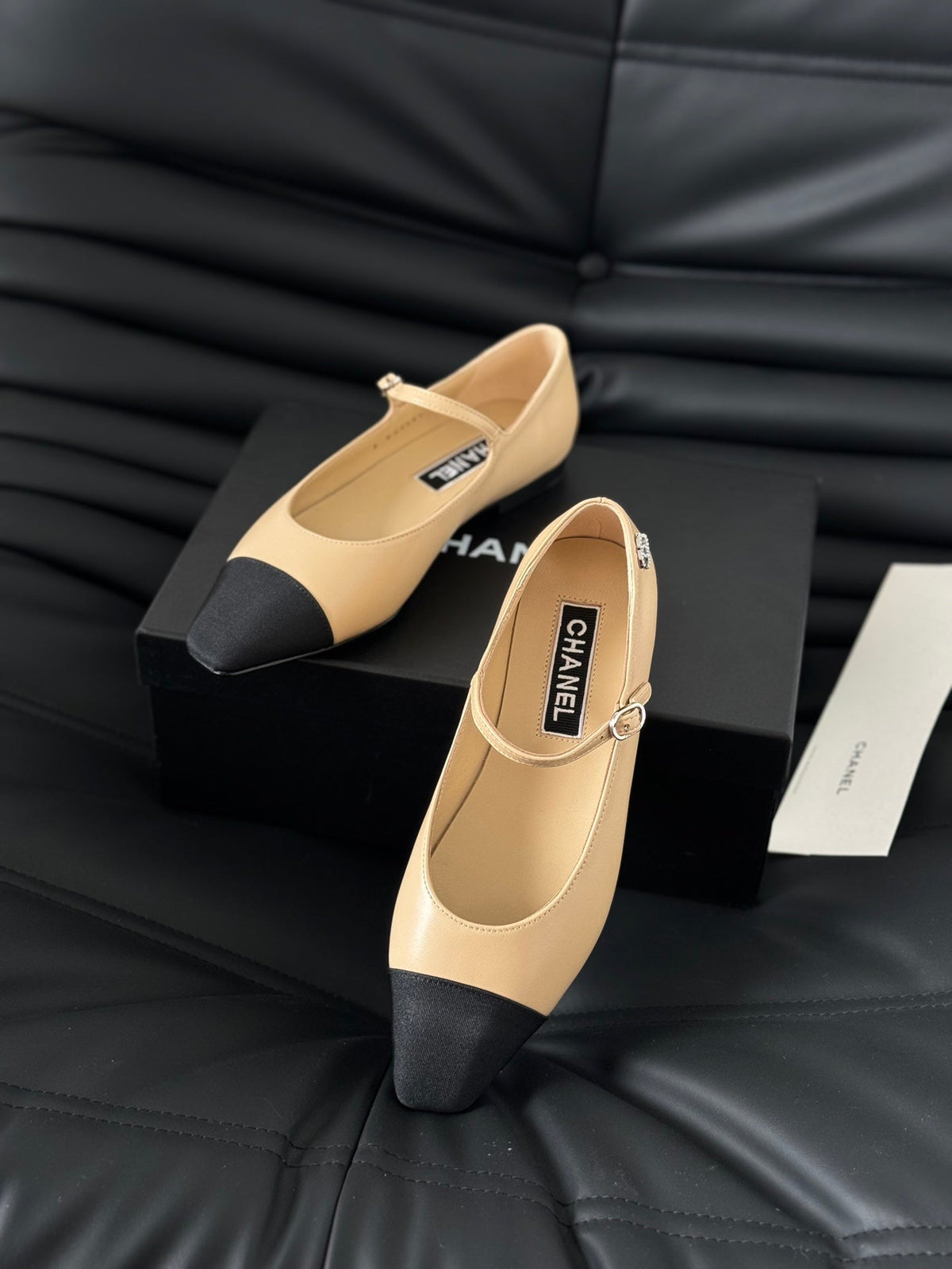 Chanel Mary Jane Beige Cream Mix Black Calfskin