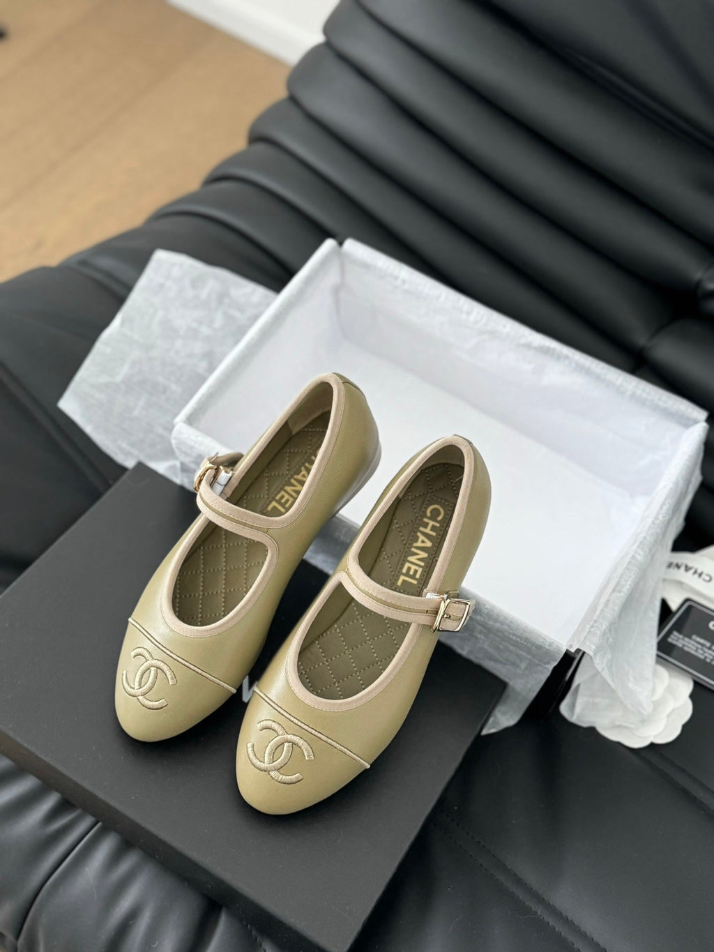 Chanel Mary Jane Shoes Beige Ecru Lambskin