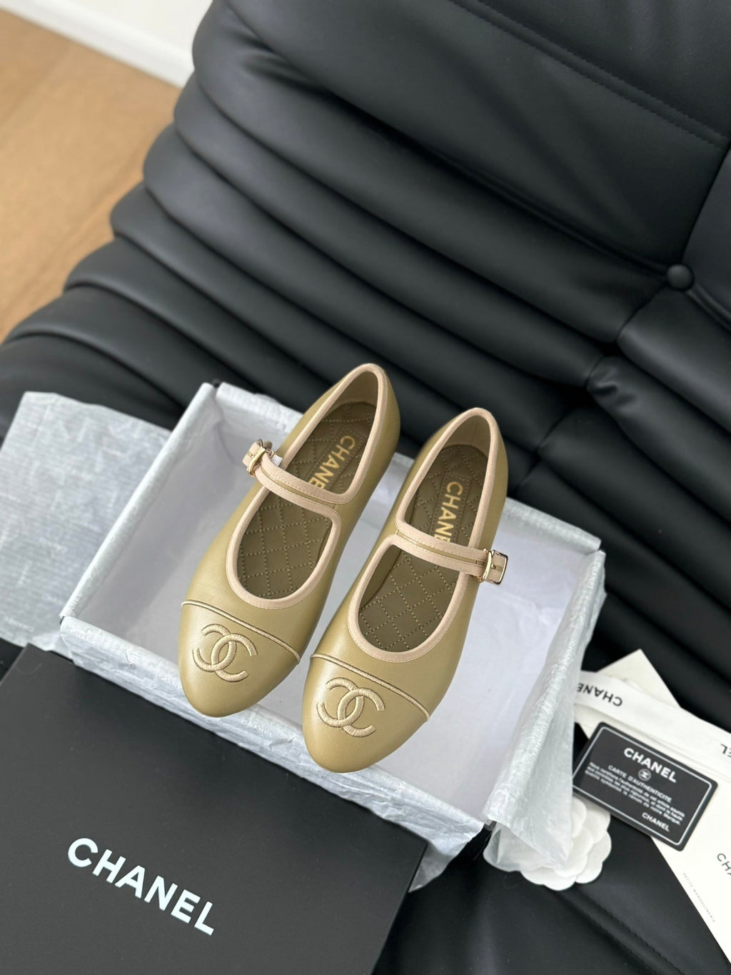 Chanel Mary Jane Shoes Beige Ecru Lambskin