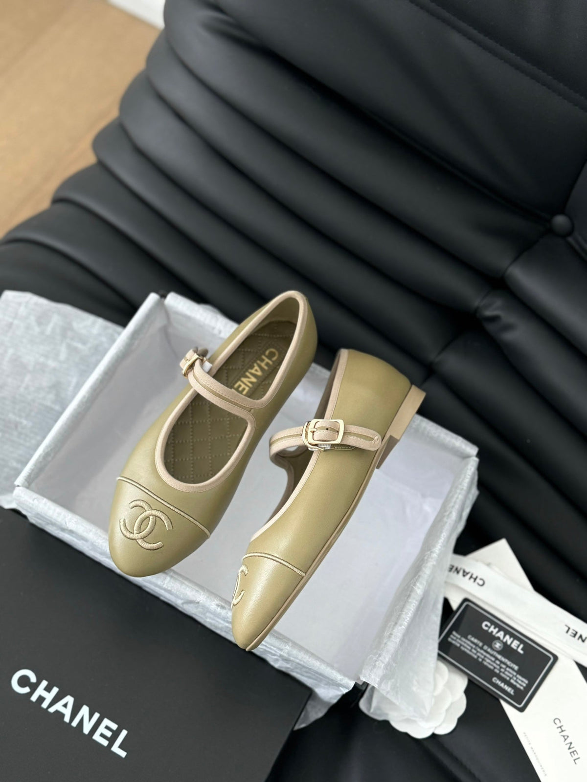 Chanel Mary Jane Shoes Beige Ecru Lambskin