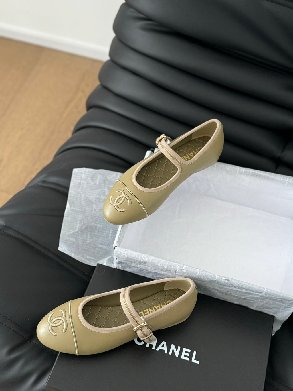 Chanel Mary Jane Shoes Beige Ecru Lambskin