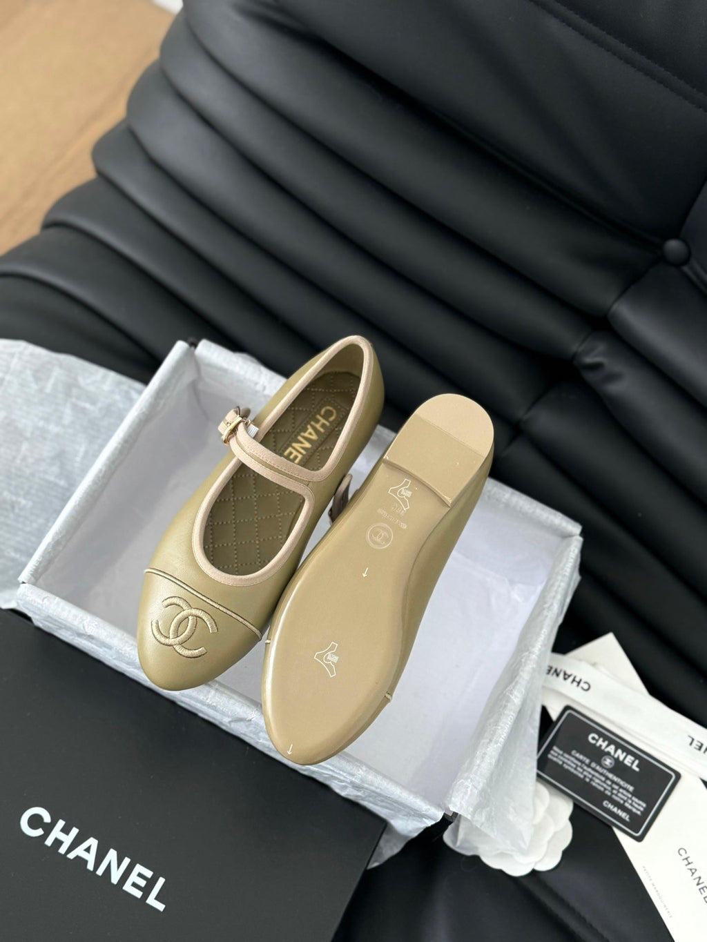 Chanel Mary Jane Shoes Beige Ecru Lambskin