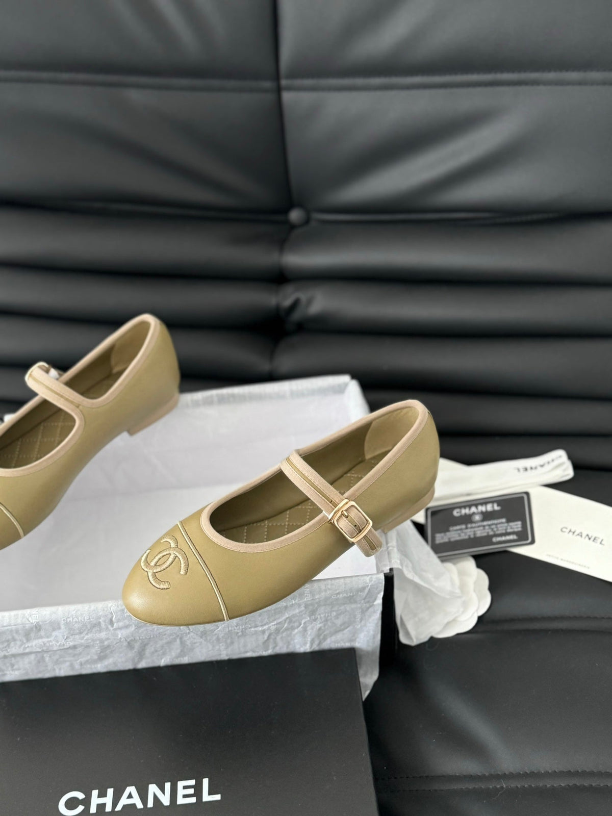Chanel Mary Jane Shoes Beige Ecru Lambskin