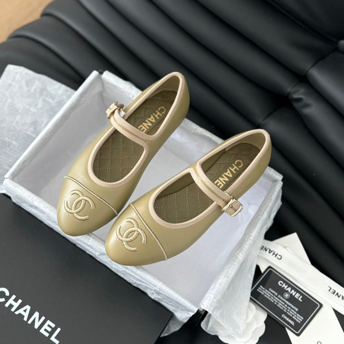 Chanel Mary Jane Shoes Beige Ecru Lambskin
