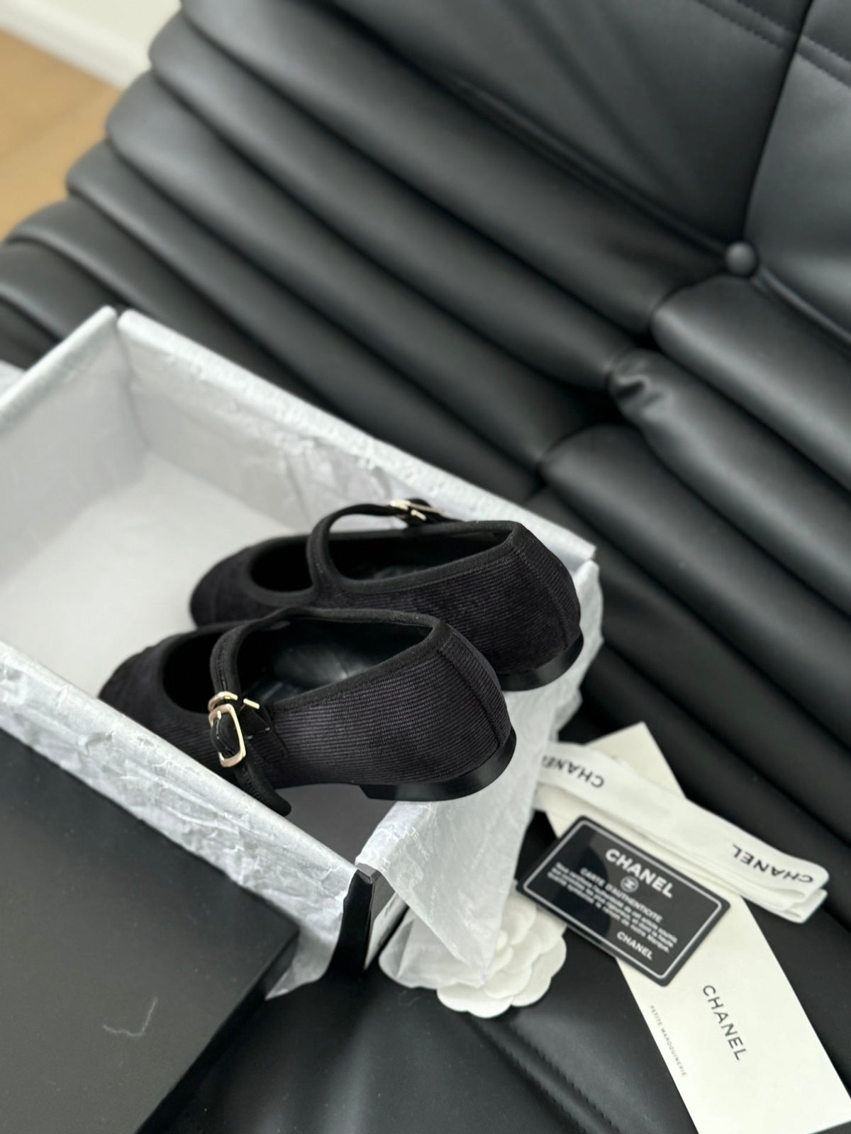 Chanel Mary Jane Shoes Black Corduroy Twill Fabric