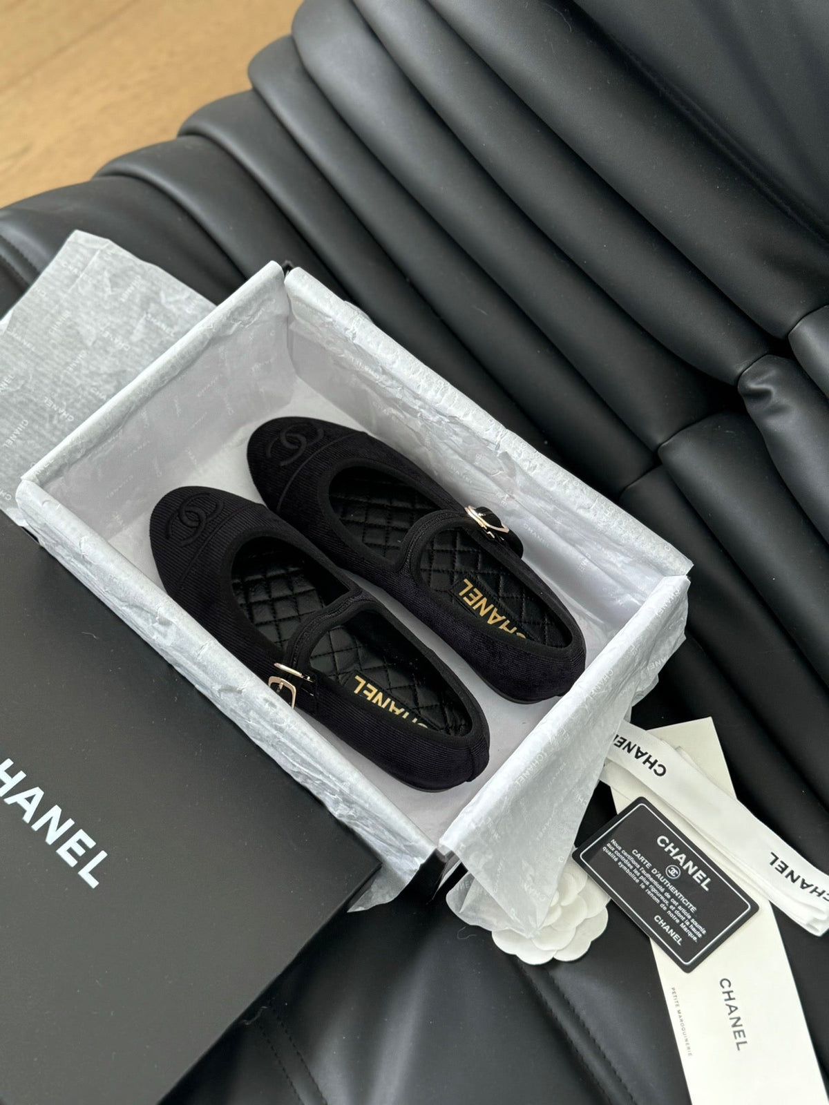 Chanel Mary Jane Shoes Black Corduroy Twill Fabric