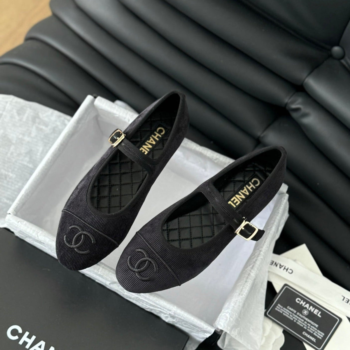 Chanel Mary Jane Shoes Black Corduroy Twill Fabric