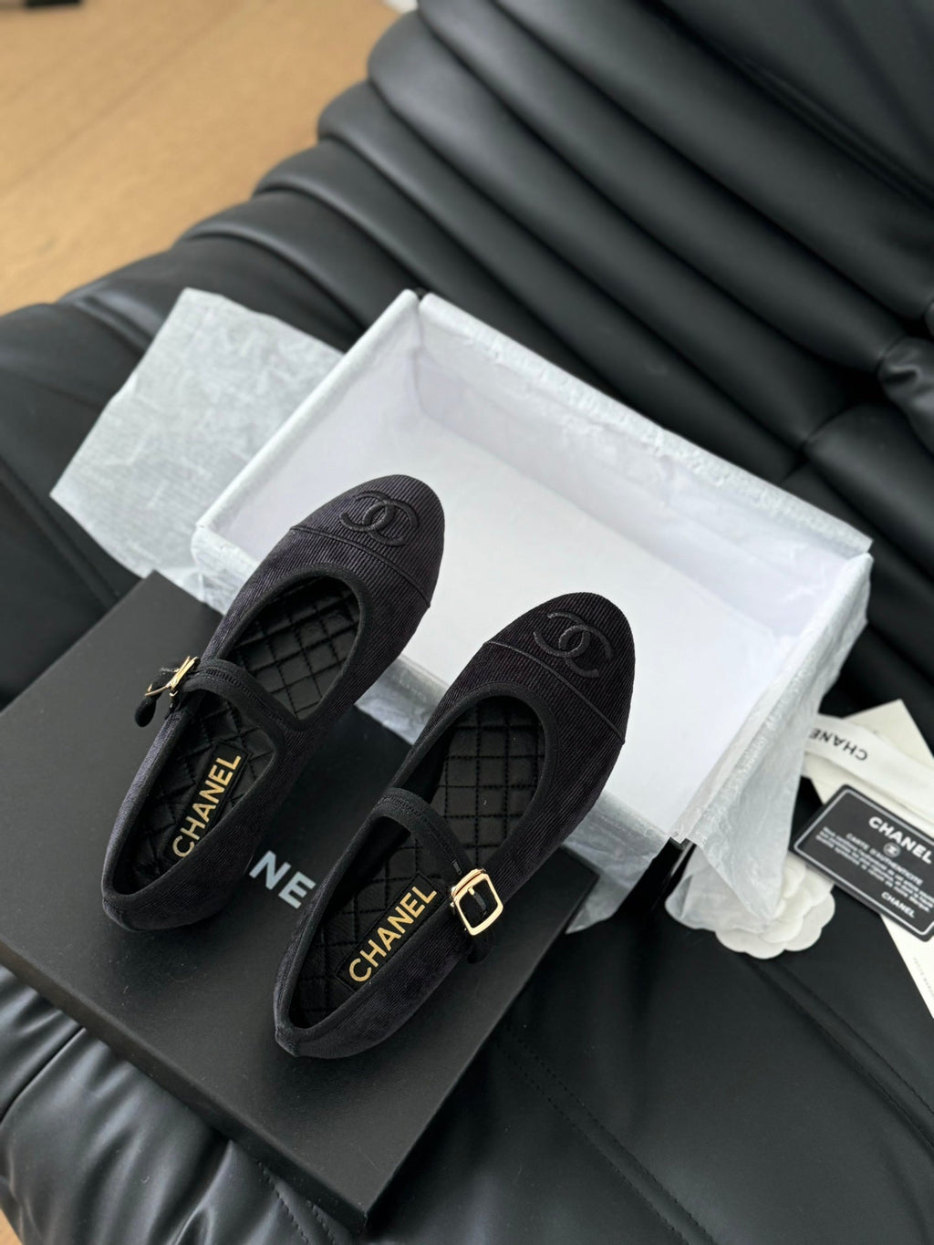 Chanel Mary Jane Shoes Black Corduroy Twill Fabric
