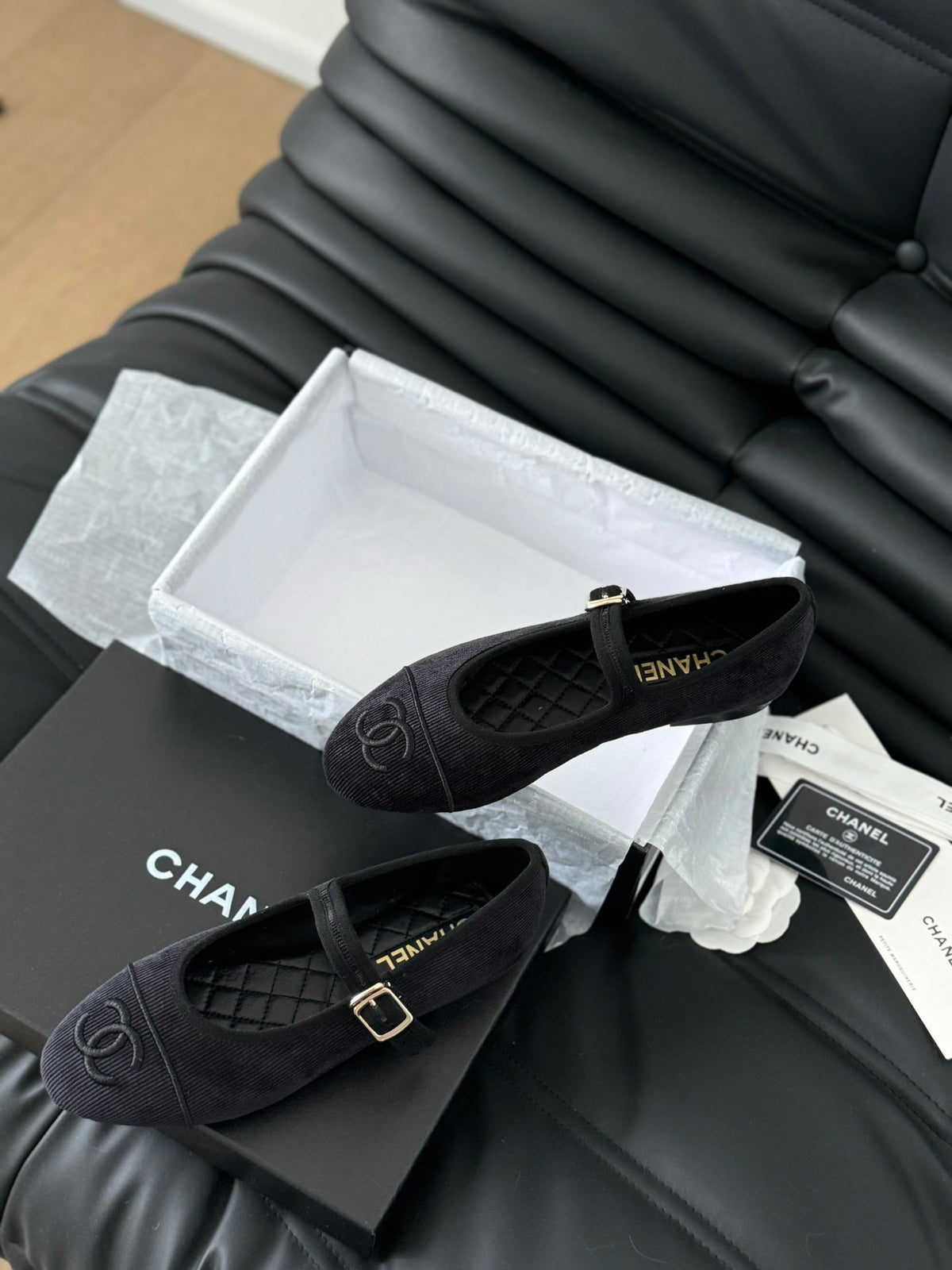 Chanel Mary Jane Shoes Black Corduroy Twill Fabric