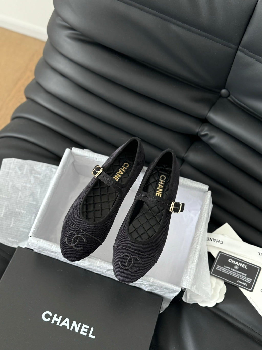 Chanel Mary Jane Shoes Black Corduroy Twill Fabric