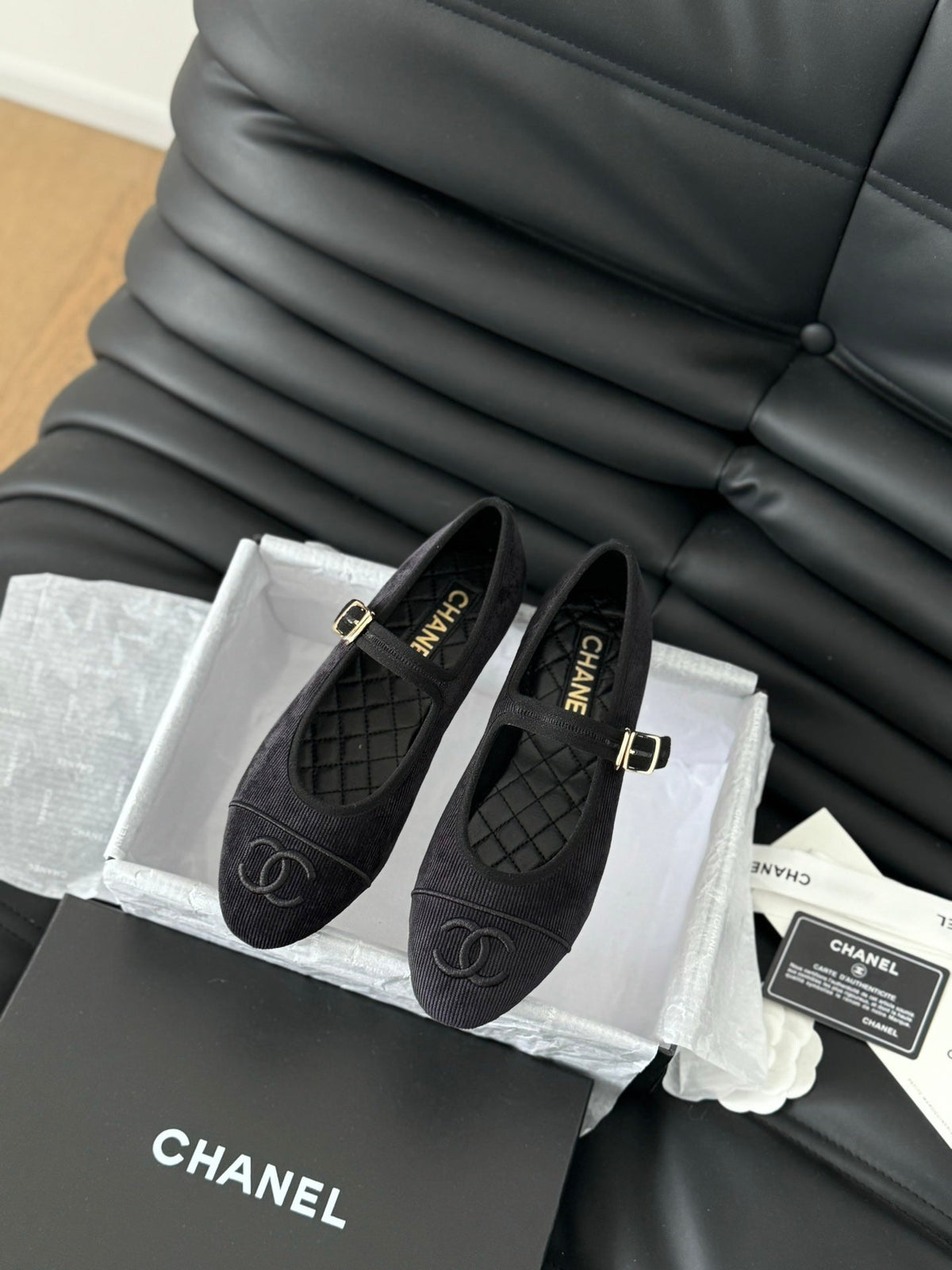 Chanel Mary Jane Shoes Black Corduroy Twill Fabric