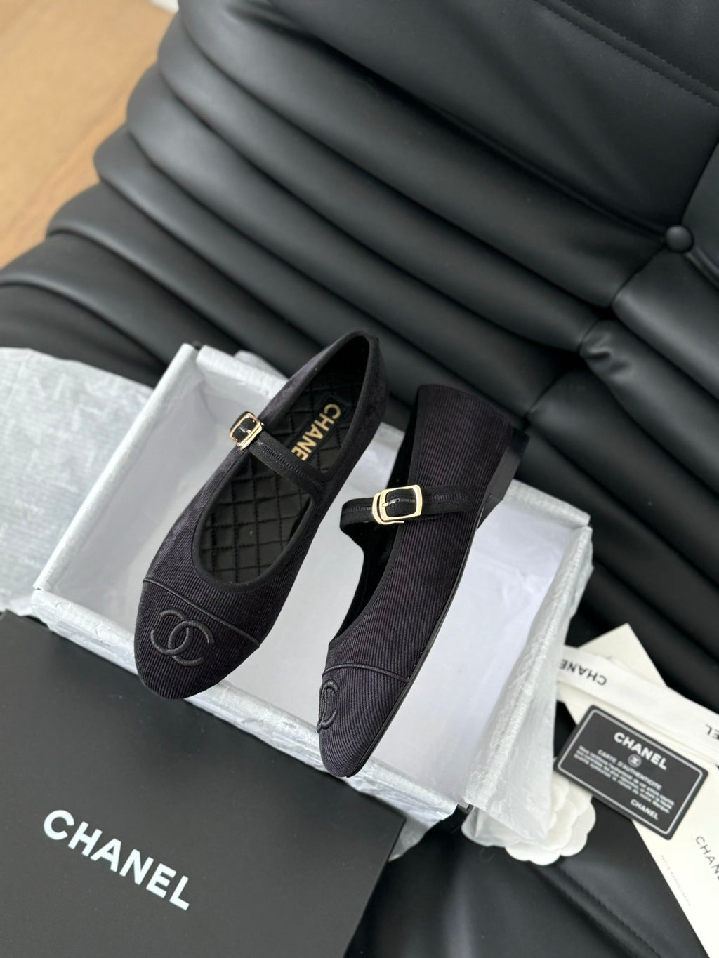 Chanel Mary Jane Shoes Black Corduroy Twill Fabric