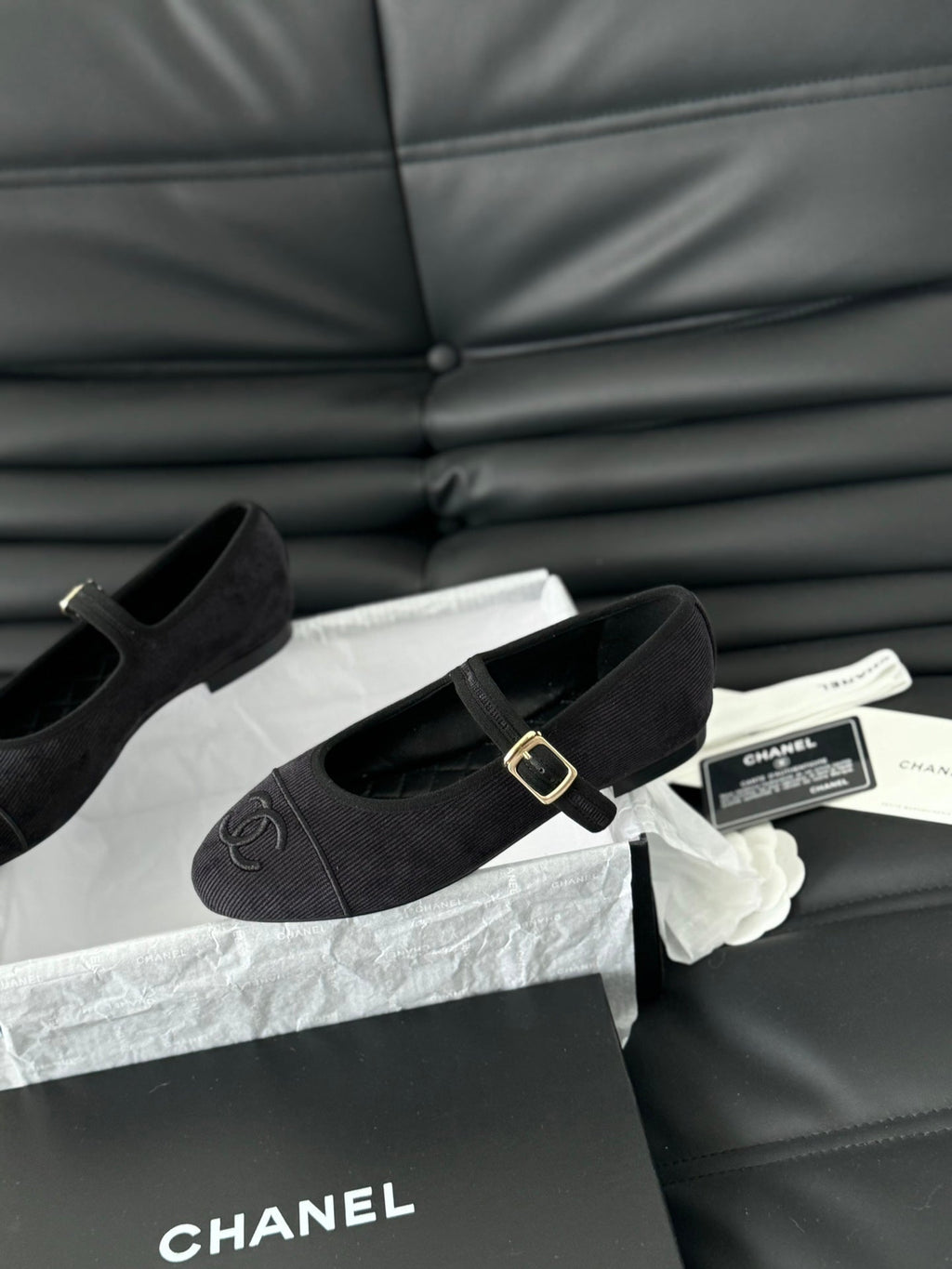 Chanel Mary Jane Shoes Black Corduroy Twill Fabric