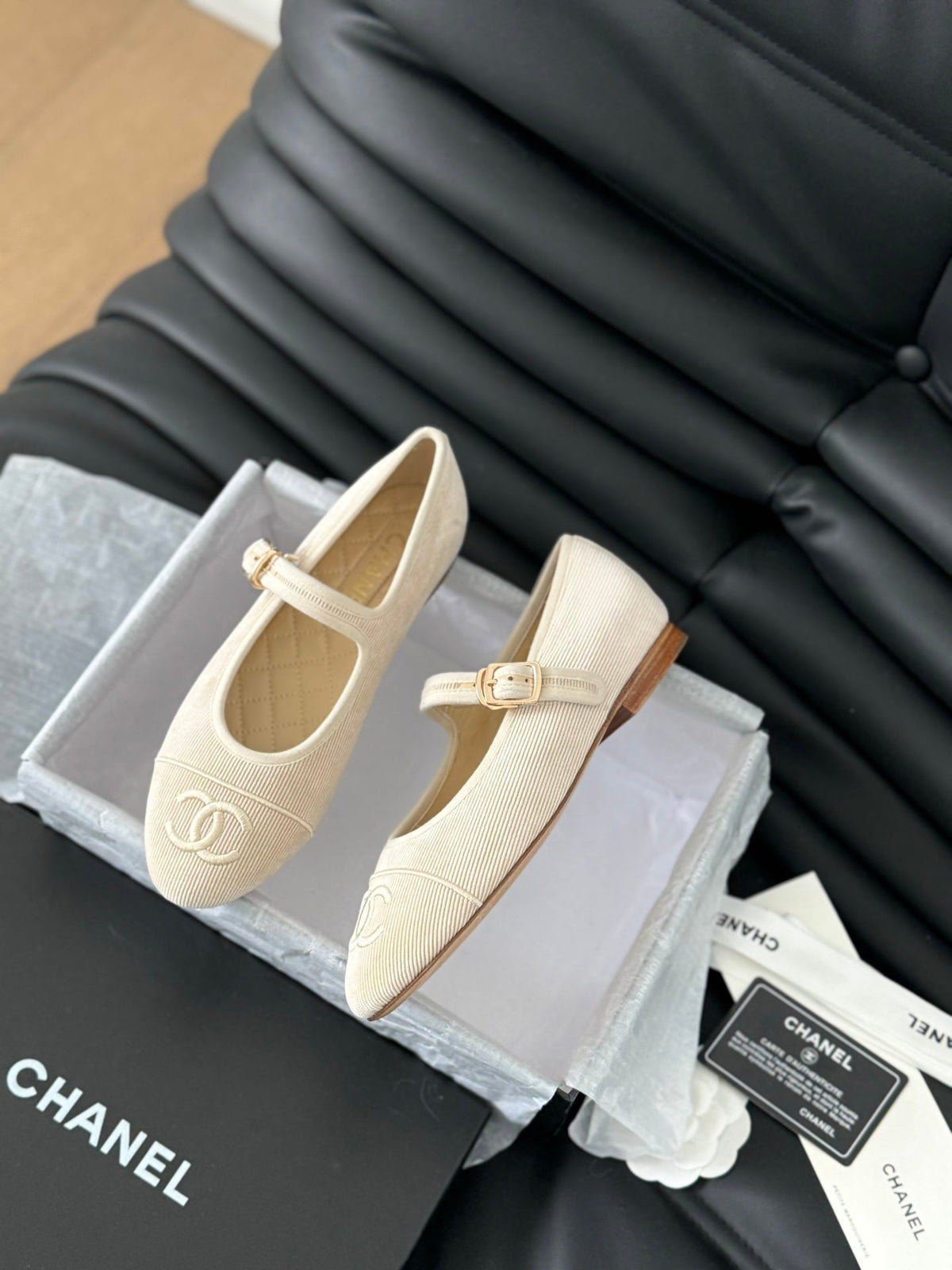 Chanel Mary Jane Shoes Beige Cream Corduroy Twill Fabric