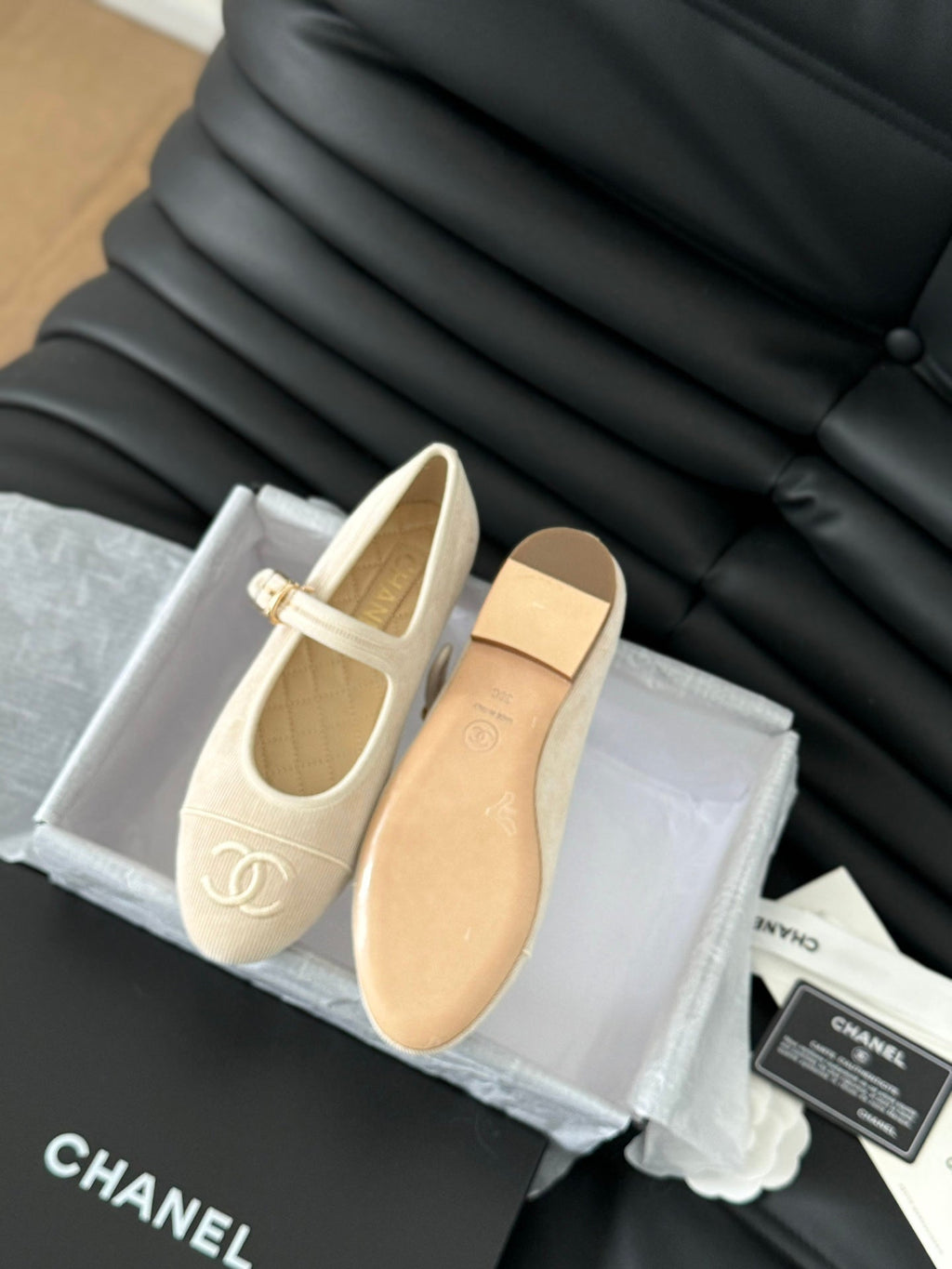 Chanel Mary Jane Shoes Beige Cream Corduroy Twill Fabric