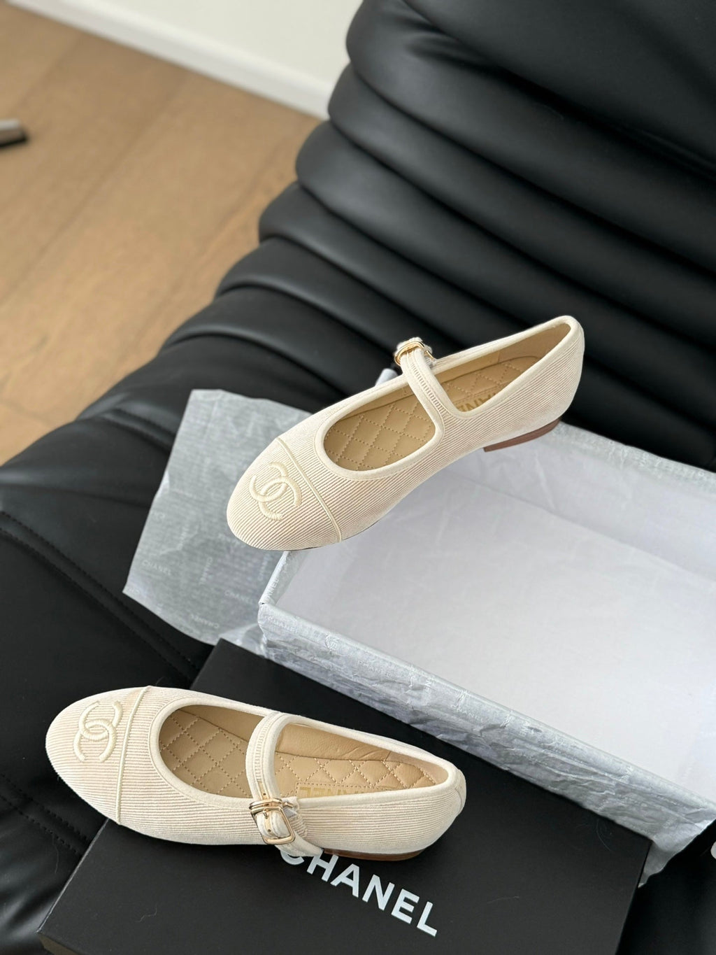 Chanel Mary Jane Shoes Beige Cream Corduroy Twill Fabric