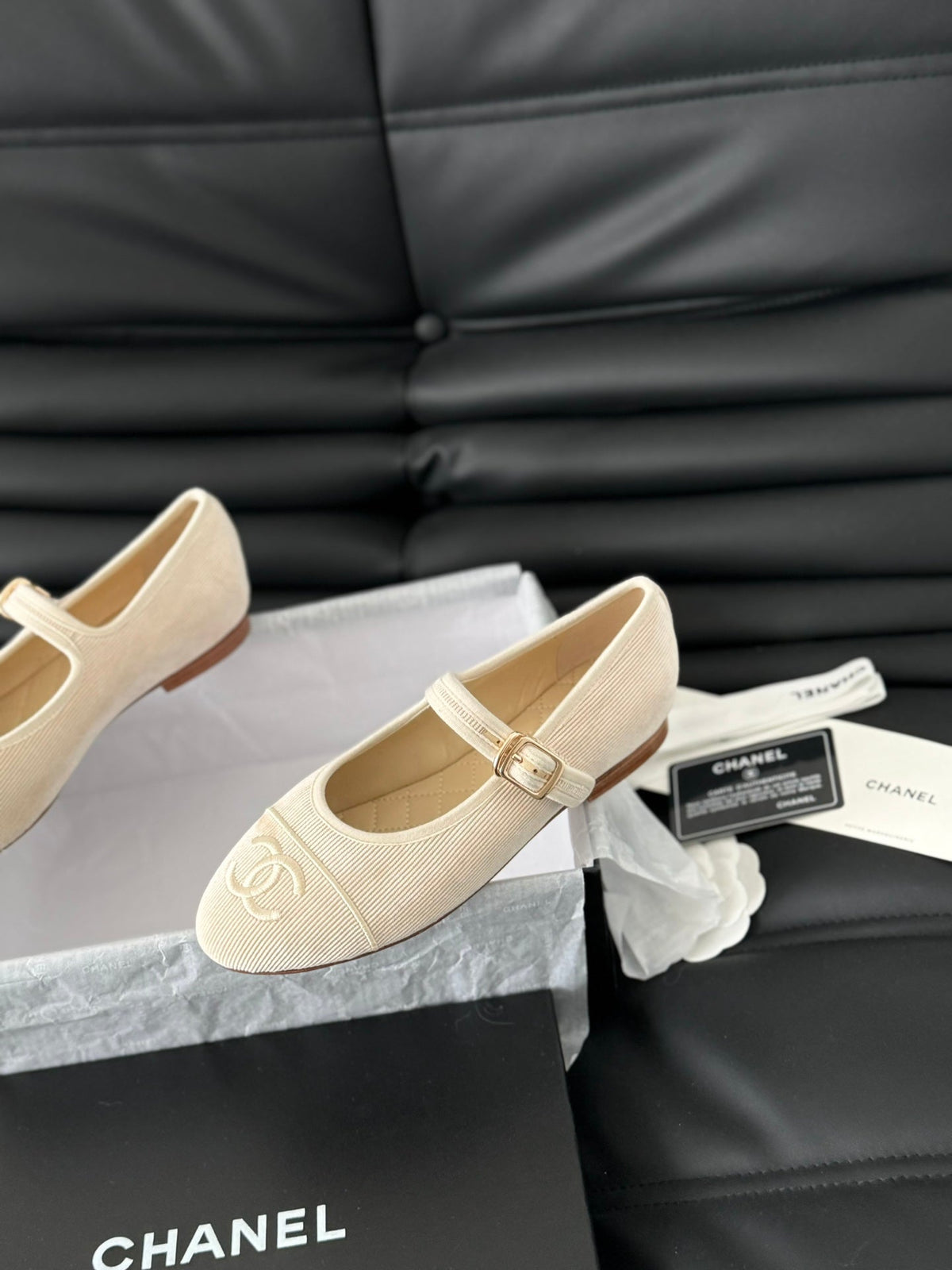 Chanel Mary Jane Shoes Beige Cream Corduroy Twill Fabric