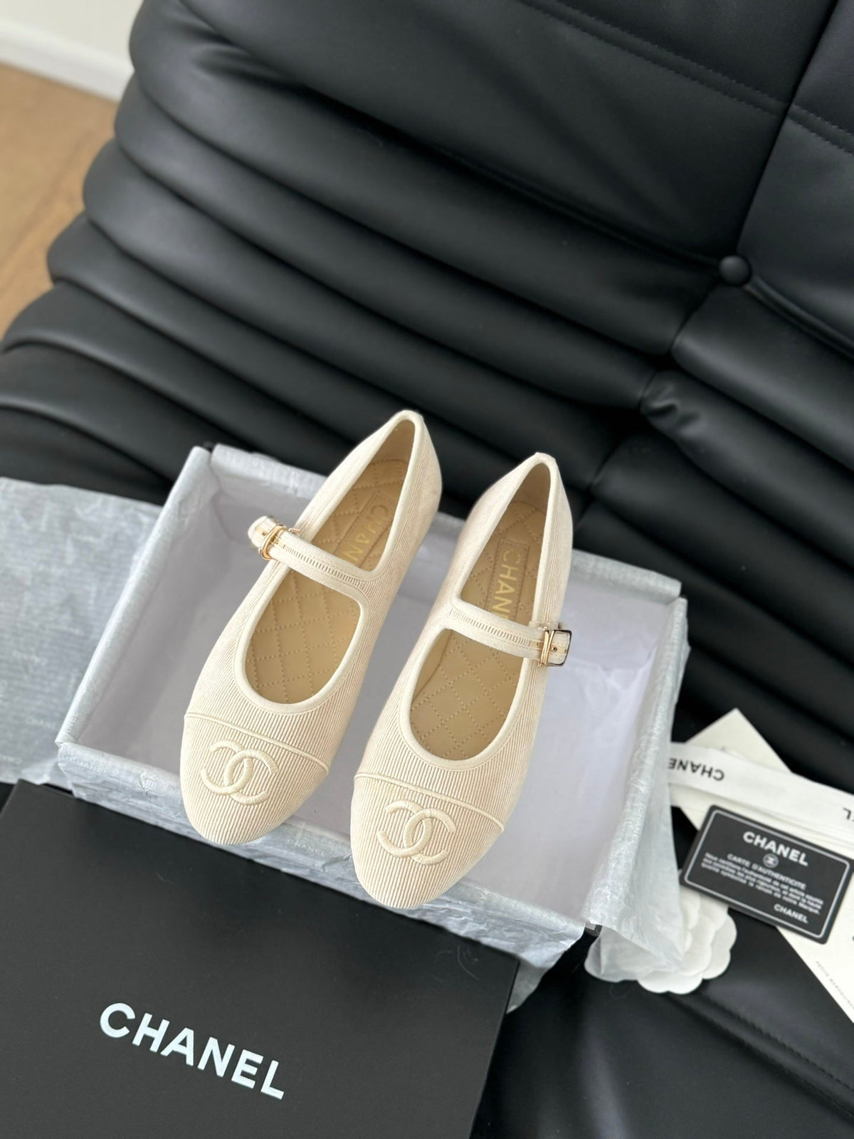 Chanel Mary Jane Shoes Beige Cream Corduroy Twill Fabric