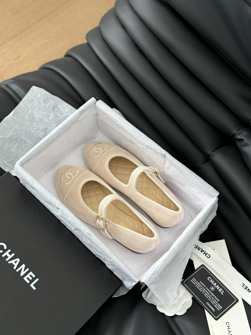 Chanel Mary Jane Shoes Beige Cream Corduroy Twill Fabric