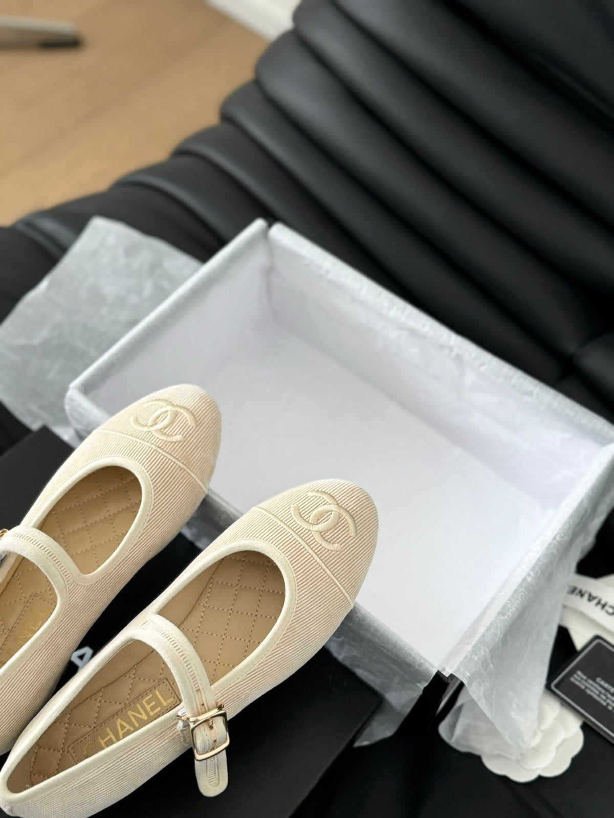 Chanel Mary Jane Shoes Beige Cream Corduroy Twill Fabric