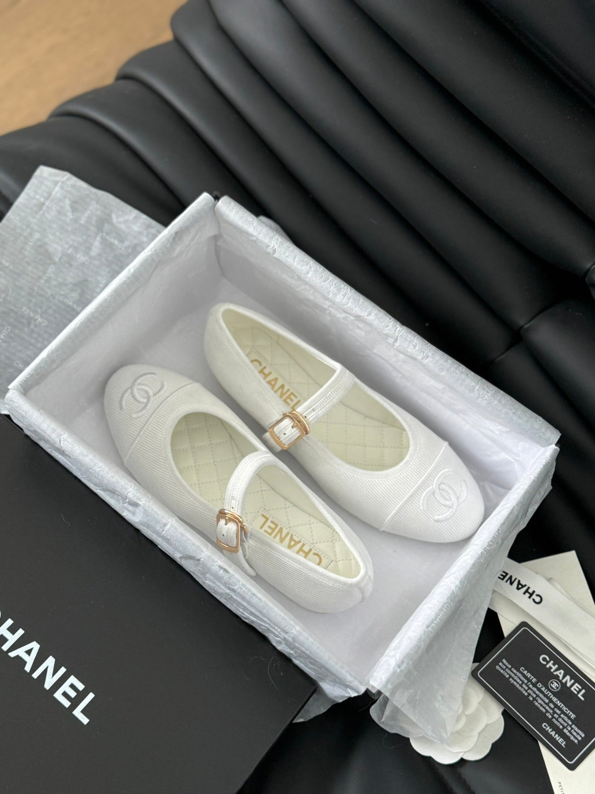 Chanel Mary Jane Shoes White Corduroy Twill Fabric