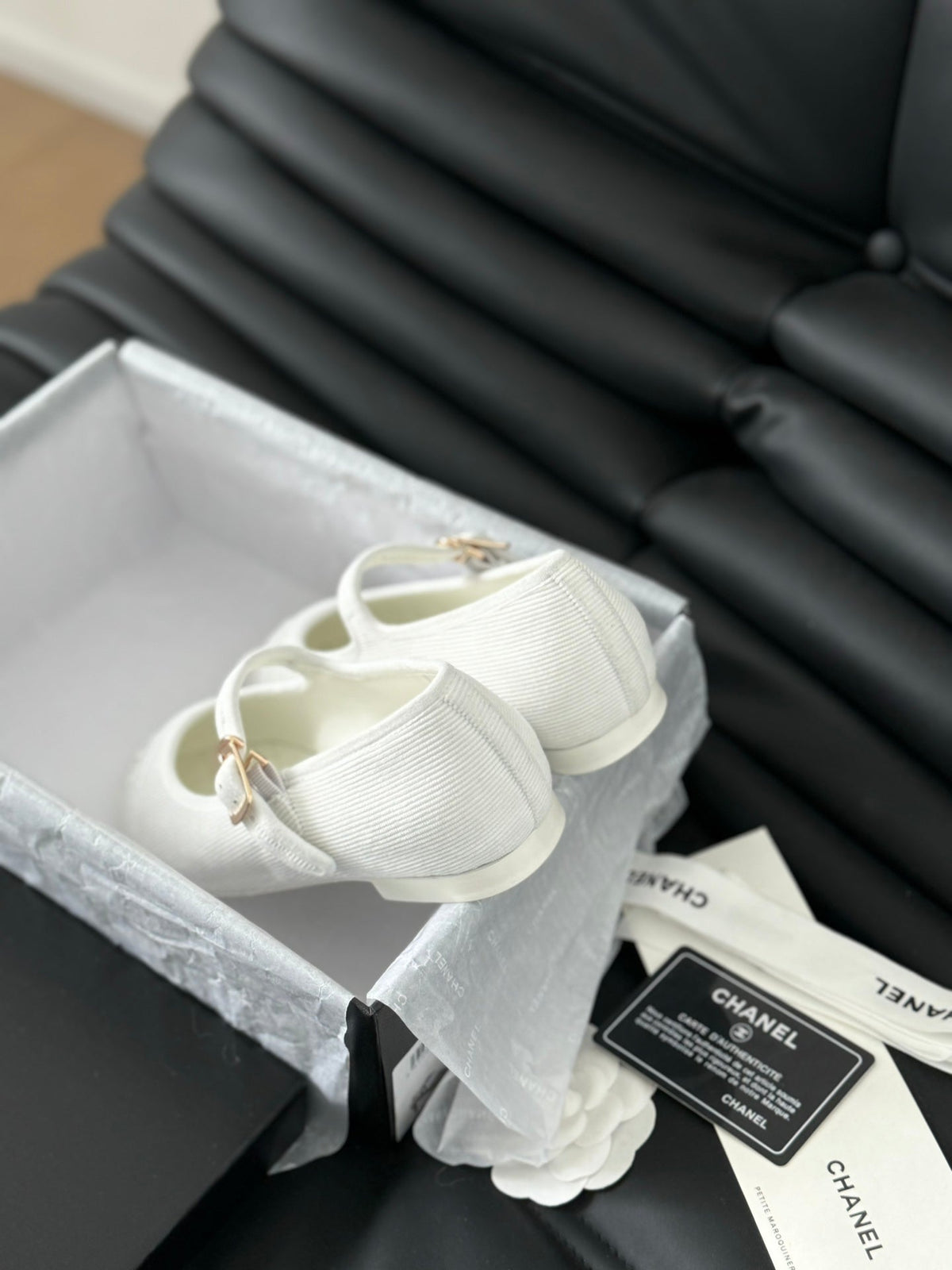 Chanel Mary Jane Shoes White Corduroy Twill Fabric