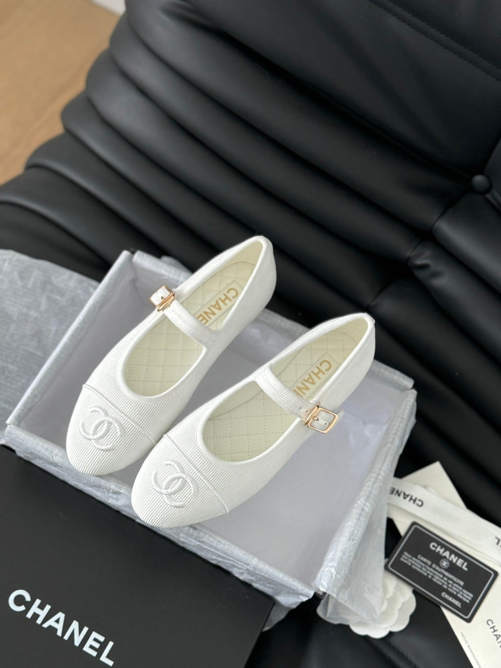 Chanel Mary Jane Shoes White Corduroy Twill Fabric