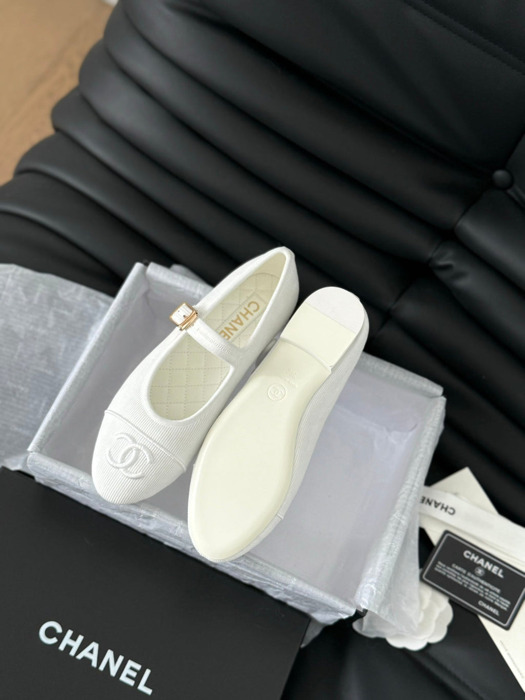 Chanel Mary Jane Shoes White Corduroy Twill Fabric