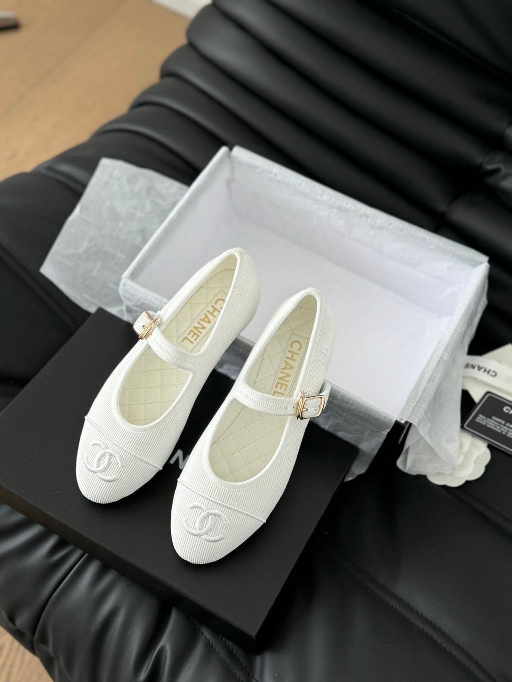 Chanel Mary Jane Shoes White Corduroy Twill Fabric