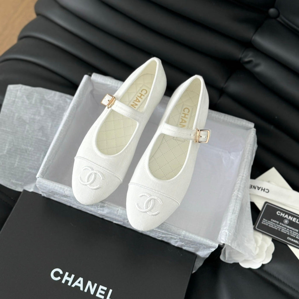 Chanel Mary Jane Shoes White Corduroy Twill Fabric