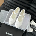 Chanel Mary Jane Shoes White Corduroy Twill Fabric