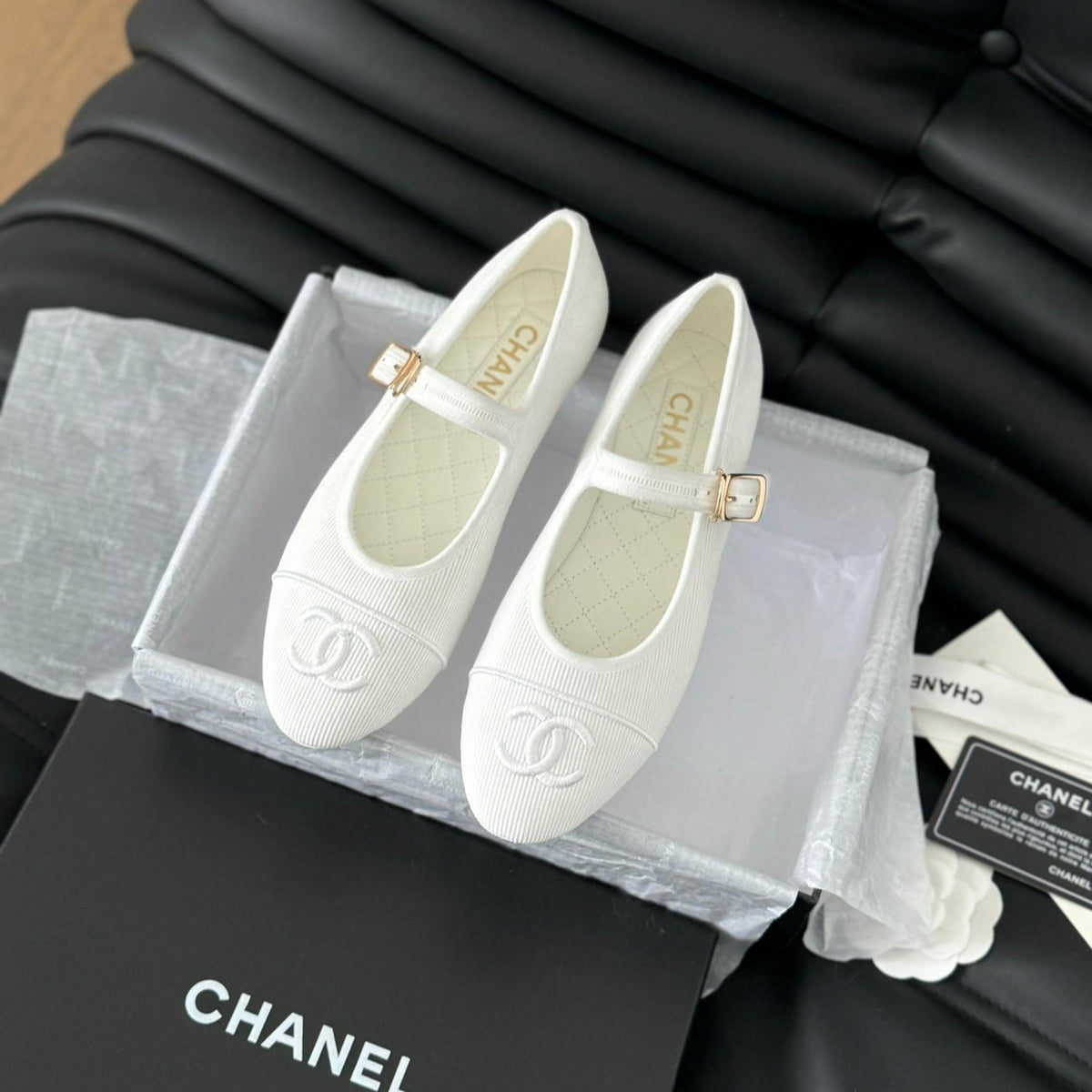 Chanel Mary Jane Shoes White Corduroy Twill Fabric