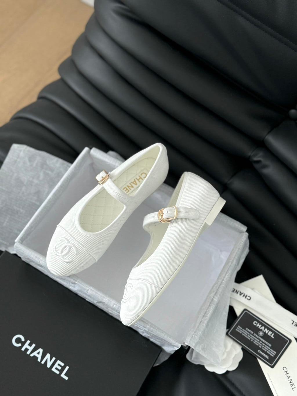 Chanel Mary Jane Shoes White Corduroy Twill Fabric