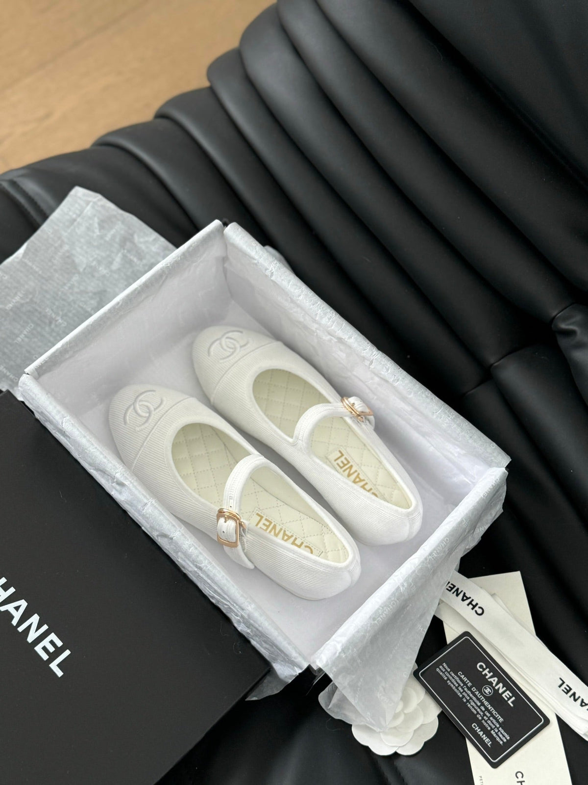 Chanel Mary Jane Shoes White Corduroy Twill Fabric