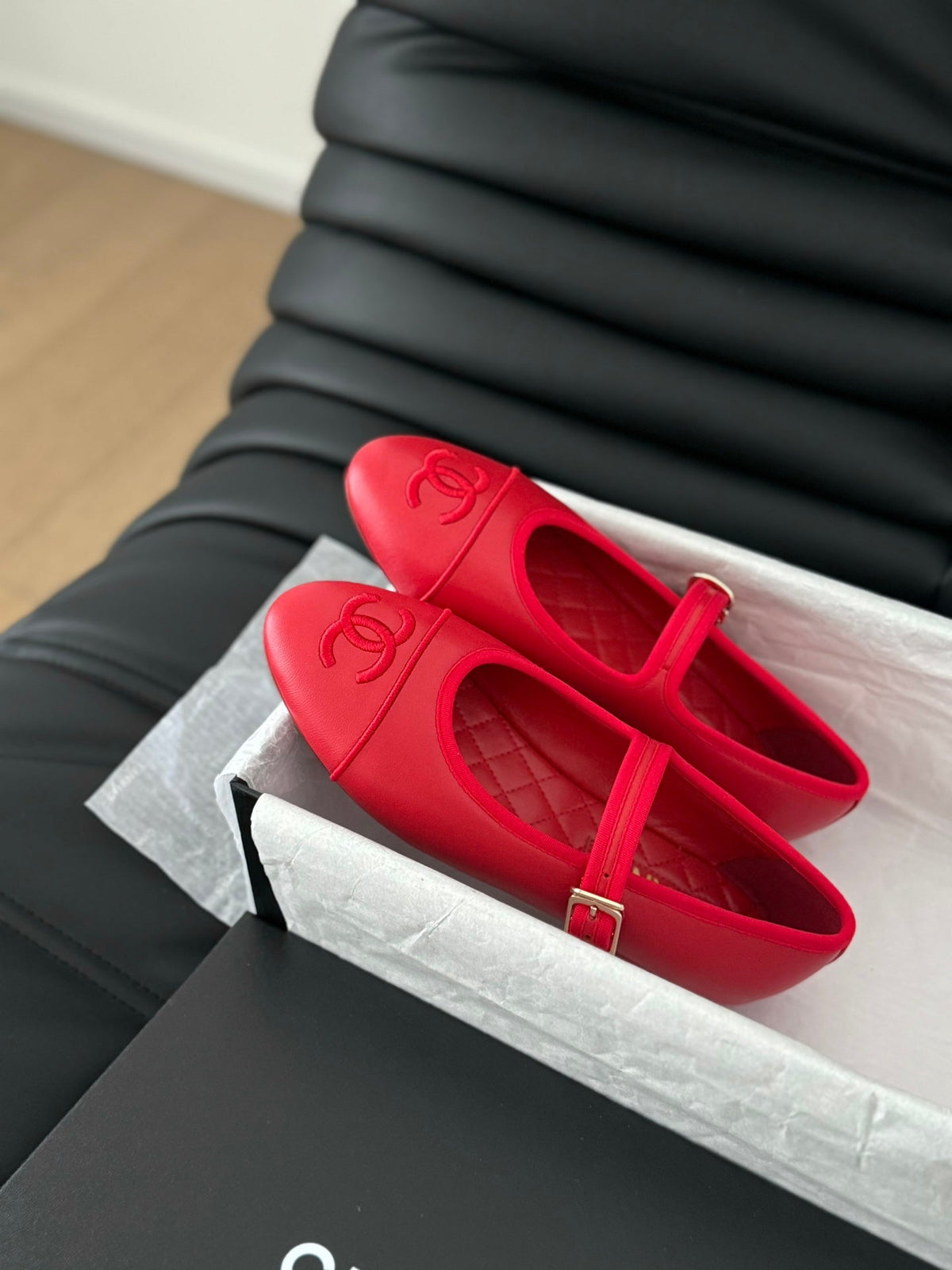 Chanel Mary Jane Shoes in Rose Red Lambskin