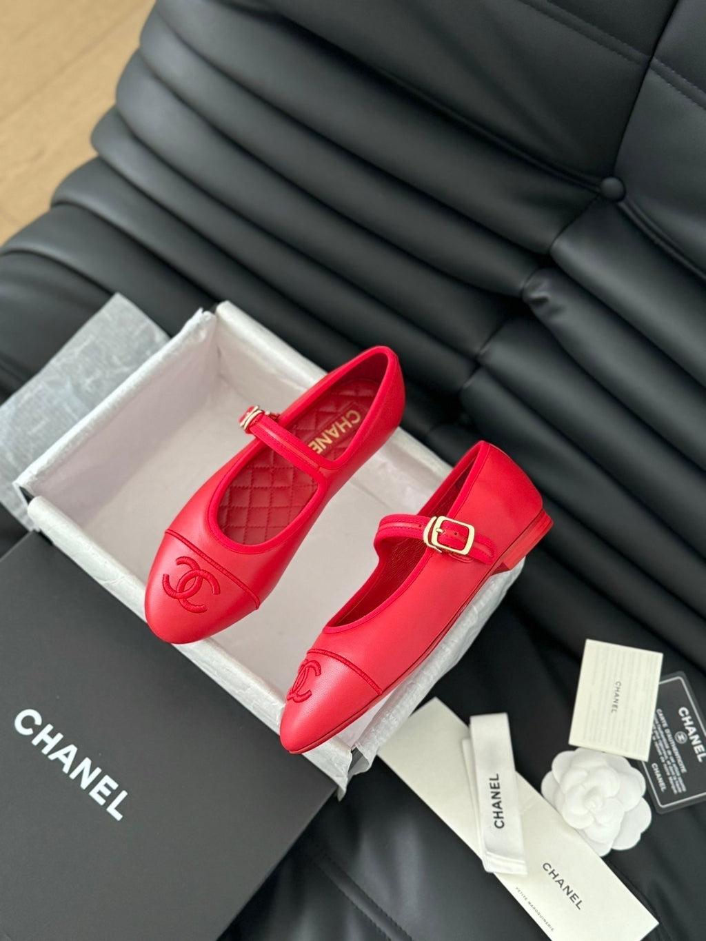 Chanel Mary Jane Shoes in Rose Red Lambskin
