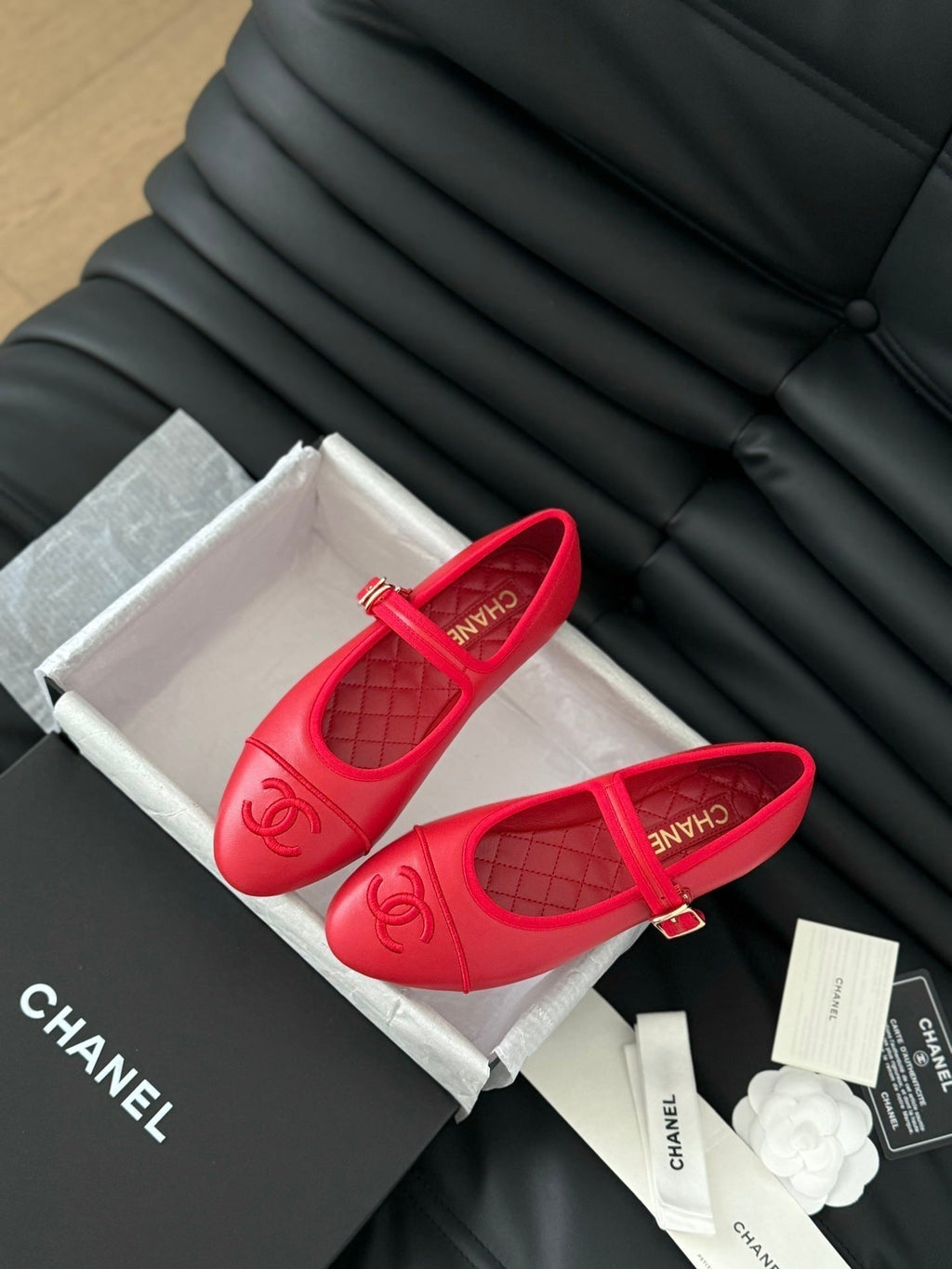 Chanel Mary Jane Shoes in Rose Red Lambskin